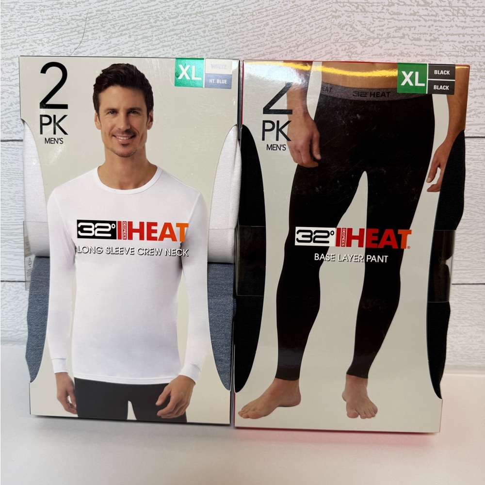 32 Degrees Men's Long Sleeve Crew Neck Top 2pk and Base Layer Black Pant 2pk XL